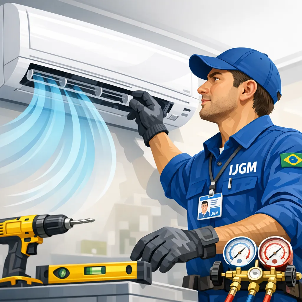 Técnico da IJGM Climatização instalando uma unidade de ar-condicionado split na parede