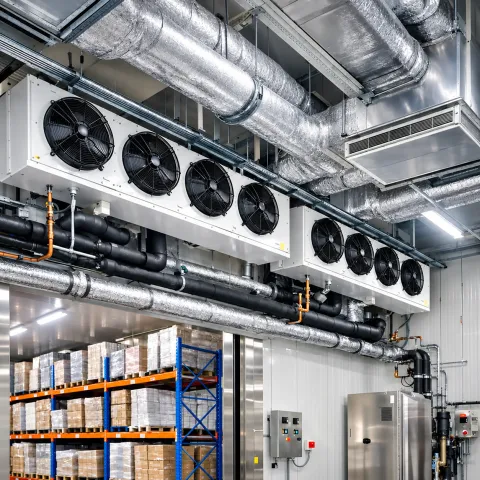 Infraestrutura de dutos e evaporadores de câmara frigorífica industrial