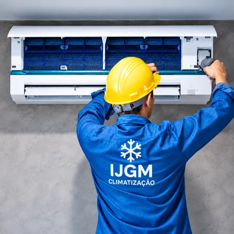 Técnico da IJGM instalando ar-condicionado split em parede residencial