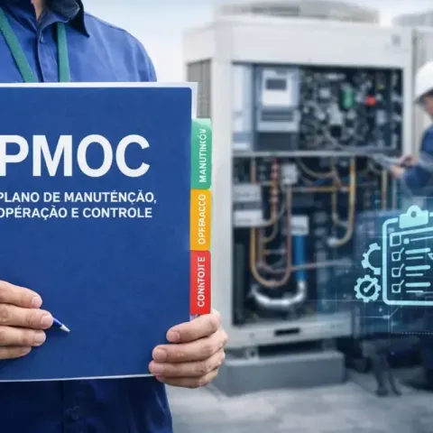 Técnico com a pasta do PMOC — Plano de Manutenção, Operação e Controle